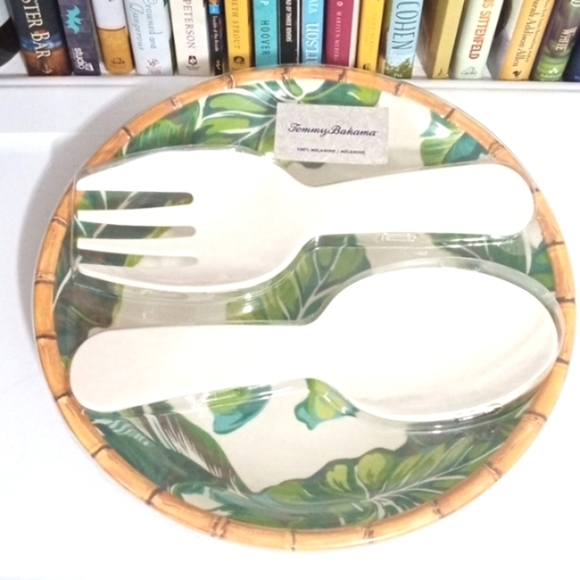 SET OF 7 TOMMY BAHAMA 100% MELAMINE 3-PC SALAD SERVER & UTENSILS 4-PC BOWLS NWT - Picture 2 of 4